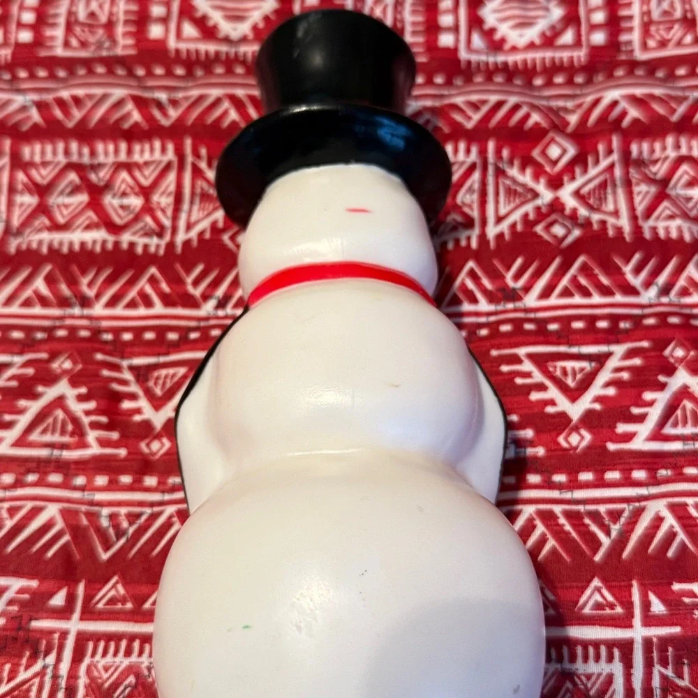 Festive Plastic Snowman Figurine with Red Scarf.  Probably Vintage.